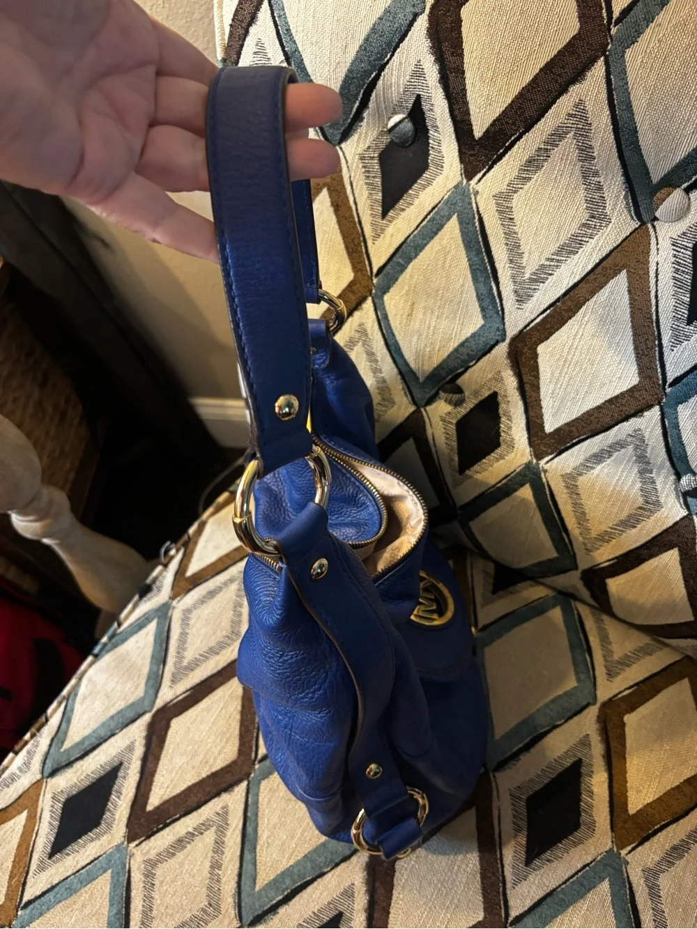New condition! Michael Kors Royal Blue Pebbled Leather Hobo with Gold MK Emblem